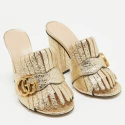Pre Owned Gucci Gold Textured Leather GG Marmont Fringed Slide Sandals Size 34.5