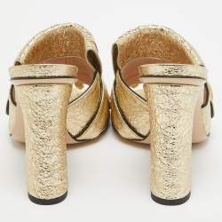 Pre Owned Gucci Gold Textured Leather GG Marmont Fringed Slide Sandals Size 34.5