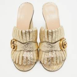 Pre Owned Gucci Gold Textured Leather GG Marmont Fringed Slide Sandals Size 34.5