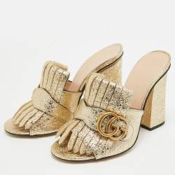 Pre Owned Gucci Gold Textured Leather GG Marmont Fringed Slide Sandals Size 34.5