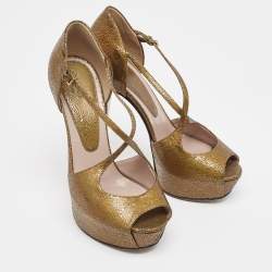 Gucci Gold Texture Leather Ankle Strap Peep Toe  Sandals Size 36.5