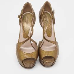 Gucci Gold Texture Leather Ankle Strap Peep Toe  Sandals Size 36.5
