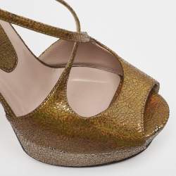 Gucci Gold Texture Leather Ankle Strap Peep Toe  Sandals Size 36.5