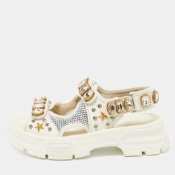 Gucci White/Grey Mesh and Leather Aguru Slingback Sandals Size 39