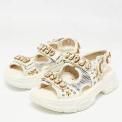 Gucci White/Grey Mesh and Leather Aguru Slingback Sandals Size 39