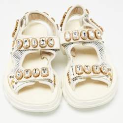 Gucci White/Grey Mesh and Leather Aguru Slingback Sandals Size 39