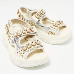 Gucci White/Grey Mesh and Leather Aguru Slingback Sandals Size 39