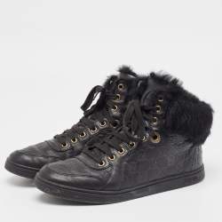 Gucci Black Guccissima Leather and Fur Trim Cada High Top Sneakers Size 38.5