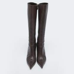 Pre Owned Gucci Brown Guccissima Leather Pointed Toe Knee Length Boots Size 40