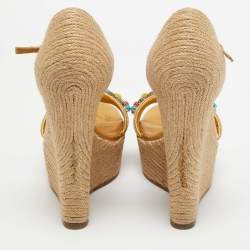 Gucci Gold/Beige Jute And Leather Carolina Wedge Sandals Size 36