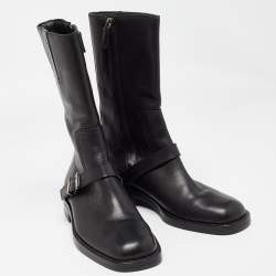 مملوكة مسبقًا Gucci Black Leather Buckle Detail Mid Calf Boots Size 35.5