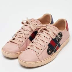 Gucci Pink Leather Ace Web Crystal Embellished Low Top Sneakers Size 36