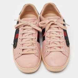 Gucci Pink Leather Ace Web Crystal Embellished Low Top Sneakers Size 36