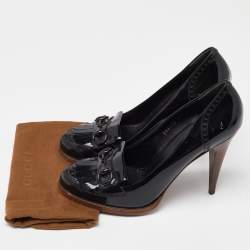 Pre Owned حذاء لوفرز كعب عالي غوتشي جلد بروغي بوردوه أحمر لامع هورسبيت بشراشيب مزينة مقاس 38