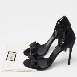 Gucci Black Satin Crystal Embellished Bow Open Toe Ankle Strap Sandals Size 41