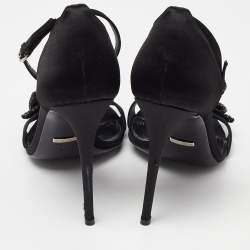 Gucci Black Satin Crystal Embellished Bow Open Toe Ankle Strap Sandals Size 41