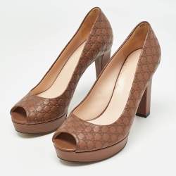 Pre Owned Gucci Brown Microguccissima Leather Peep Toe Platform Pumps Size 37.5