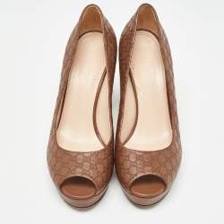 Pre Owned Gucci Brown Microguccissima Leather Peep Toe Platform Pumps Size 37.5
