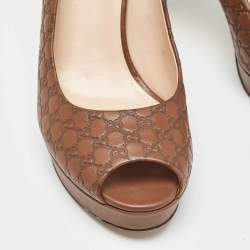 Pre Owned Gucci Brown Microguccissima Leather Peep Toe Platform Pumps Size 37.5