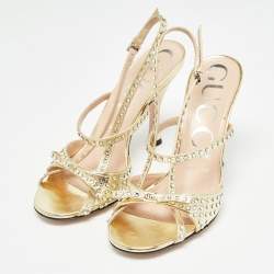 Gucci Gold Leather Crystal Embellished Slingback Sandals Size 36