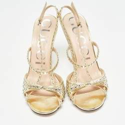 Gucci Gold Leather Crystal Embellished Slingback Sandals Size 36