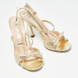 Gucci Gold Leather Crystal Embellished Slingback Sandals Size 36