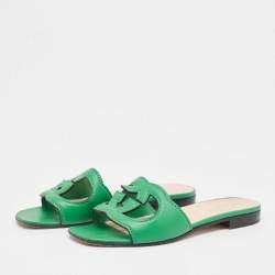 Gucci Green Leather Interlocking G Cut Out Flat Slides Size 35.5