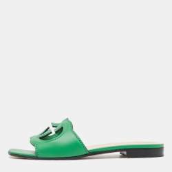 Gucci Green Leather Interlocking G Cut Out Flat Slides Size 35.5