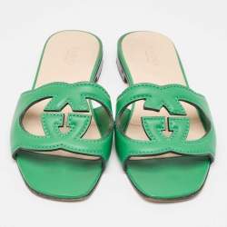 Gucci Green Leather Interlocking G Cut Out Flat Slides Size 35.5