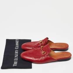 Gucci Red Leather Princetown Horsebit Flat Mules Size 39