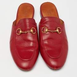 Gucci Red Leather Princetown Horsebit Flat Mules Size 39