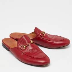 Gucci Red Leather Princetown Horsebit Flat Mules Size 39