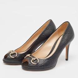 Pre Owned Gucci Black Guccissima Leather Horsebit Peep Toe Pumps Size 36