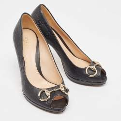Pre Owned Gucci Black Guccissima Leather Horsebit Peep Toe Pumps Size 36
