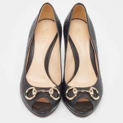 Pre Owned Gucci Black Guccissima Leather Horsebit Peep Toe Pumps Size 36