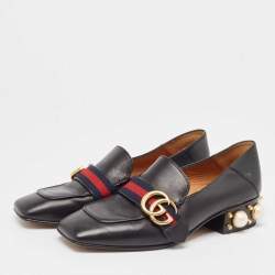 Pre Owned Gucci  Black Leather Double GG Slip On Loafers Size 36    