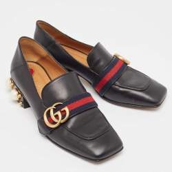 Pre Owned Gucci  Black Leather Double GG Slip On Loafers Size 36    