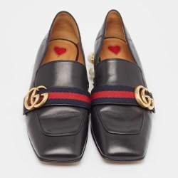 Pre Owned Gucci  Black Leather Double GG Slip On Loafers Size 36    