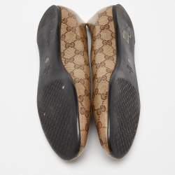 Pre Owned Gucci Brown/Beige GG Crystal Canvas Web Bow Ballet Flats Size 40.5