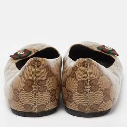 Pre Owned Gucci Brown/Beige GG Crystal Canvas Web Bow Ballet Flats Size 40.5