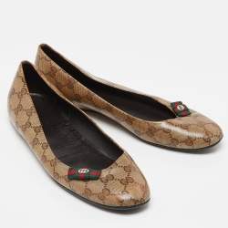 Pre Owned Gucci Brown/Beige GG Crystal Canvas Web Bow Ballet Flats Size 40.5