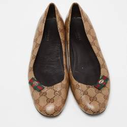 Pre Owned Gucci Brown/Beige GG Crystal Canvas Web Bow Ballet Flats Size 40.5