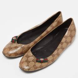 Pre Owned Gucci Brown/Beige GG Crystal Canvas Web Bow Ballet Flats Size 40.5