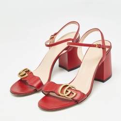 Pre Owned Gucci Red Leather GG Marmont Ankle Strap Sandals Size 37