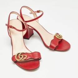 Pre Owned Gucci Red Leather GG Marmont Ankle Strap Sandals Size 37