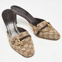 Pre Owned Gucci Brown Canvas And Leather Nostyle Mules Size 39.5 