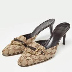 Pre Owned Gucci Brown Canvas And Leather Nostyle Mules Size 39.5 