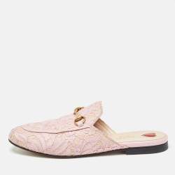 Gucci Pink/Beige Lace and Leather Princetown Flat Mules Size 38