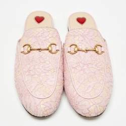 Gucci Pink/Beige Lace and Leather Princetown Flat Mules Size 38