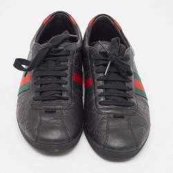 Gucci Black Guccissima Leather  Web Detail Low Top Sneakers Size 36.5